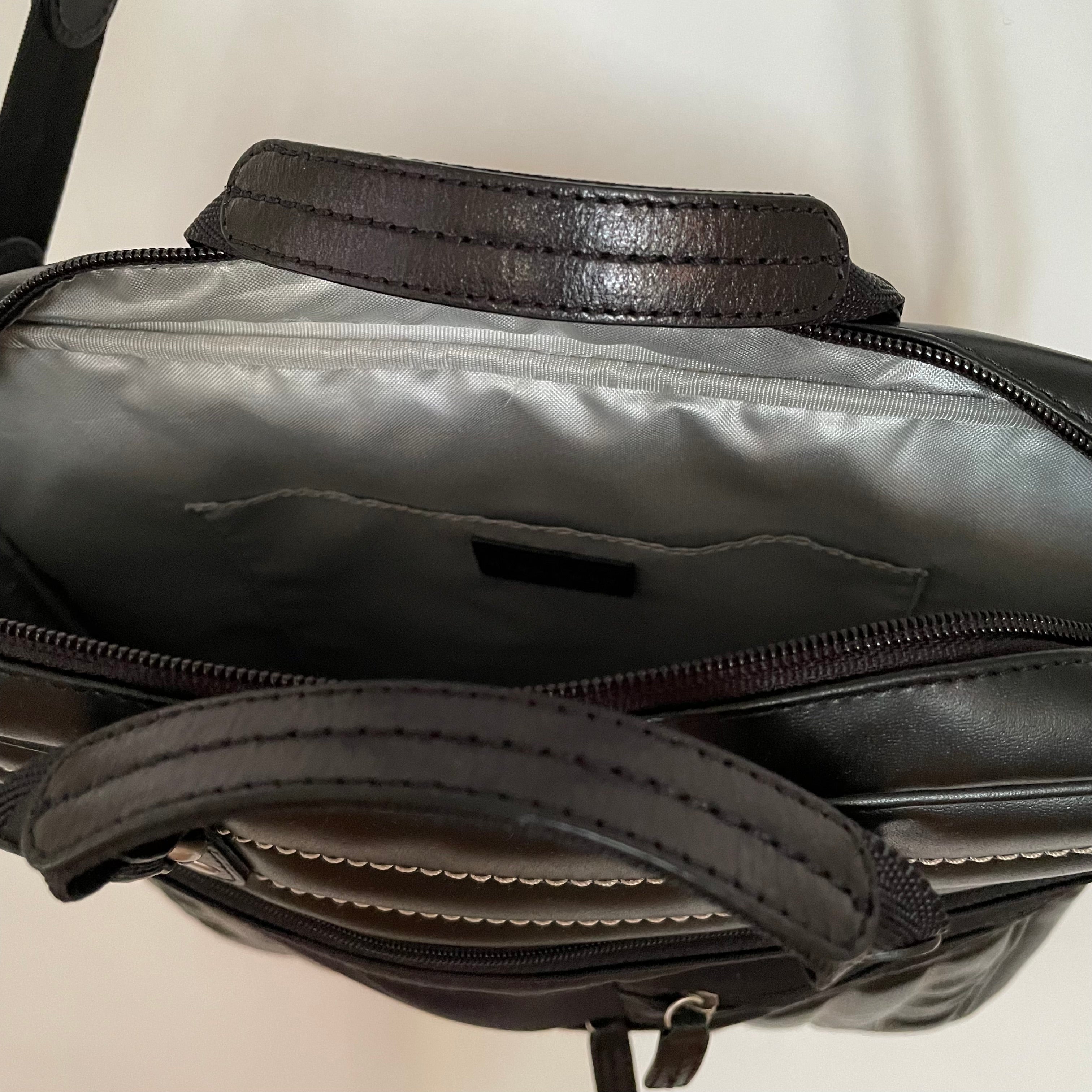 Premium Collection | Tall Vegan Leather x Nylon x Leather Handles Briefcase with Stripe Stitch Accents | Black x White